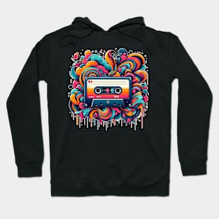 illustration of a music cassette with a background of colorful melting clouds Hoodie